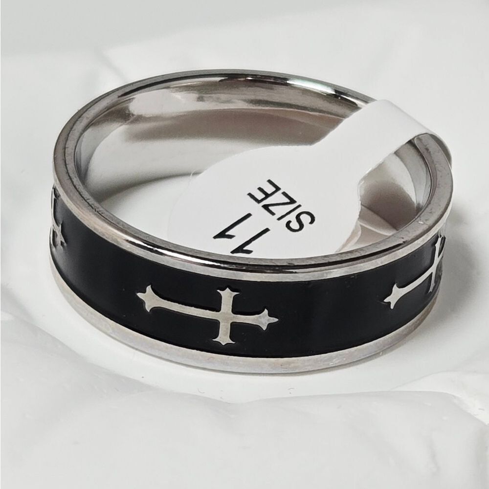 Men’s Blackened Cross Ring Stainless Steel Western Minimal 8mm Band Size 11